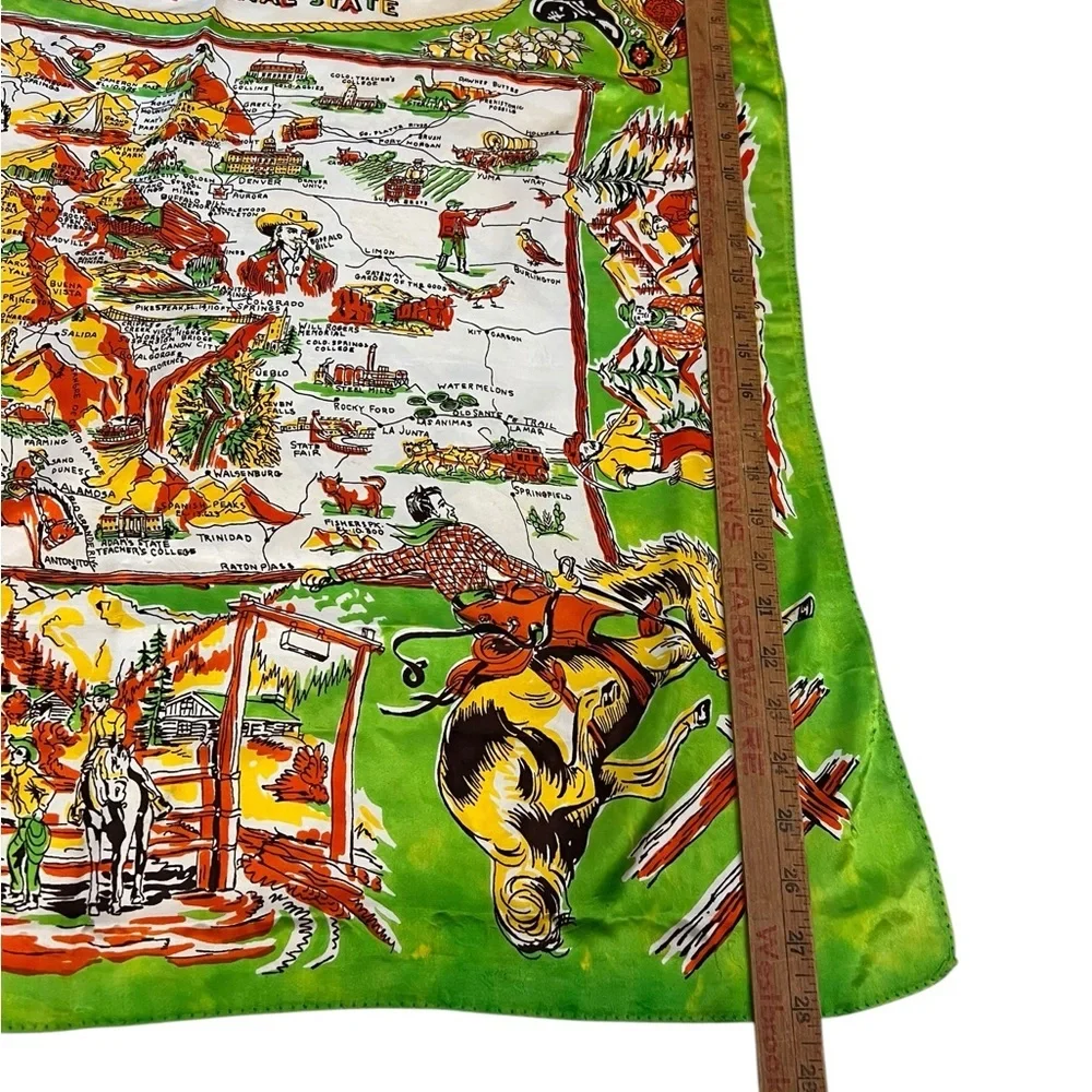 Vintage Colorful Colorado Centennial Souvenir Silk Scarf Picture Map Green